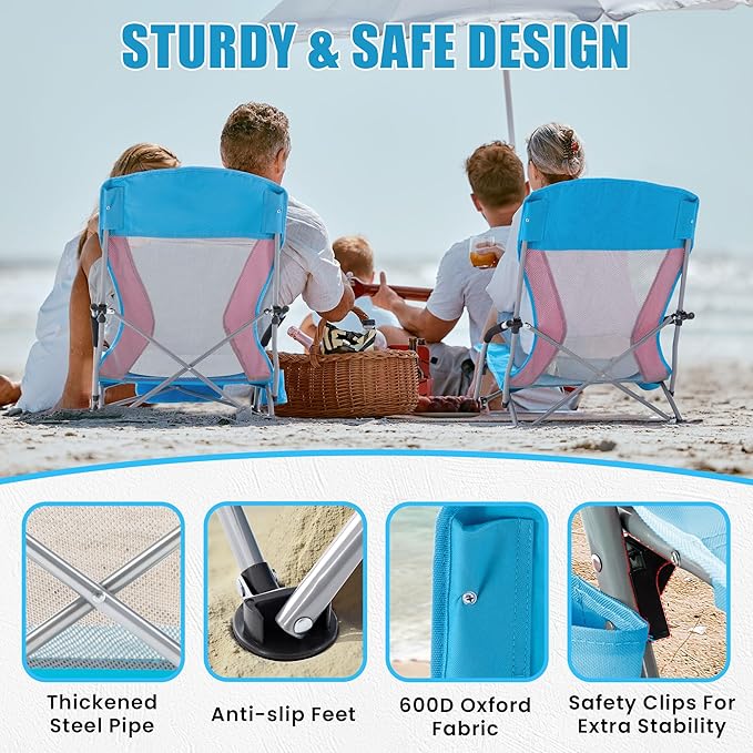 Lamberia Folding Beach Chair for Adults Portable Low Beach Chairs with 300lbs Capacity Lightweight Fodable Camping Chair for Travel Picnic Concert &amp Outdoor Activities Blue-Pink