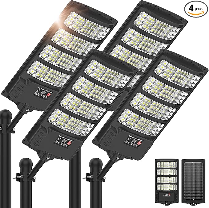 Solar Lights Outdoor Waterproof - Super Bright Solar Street Lights Outdoor Dusk to Dawn with Motion Sensor and Remote Control Wide Angle Commercial LED Street Light IP67 Waterproof 4 Packs