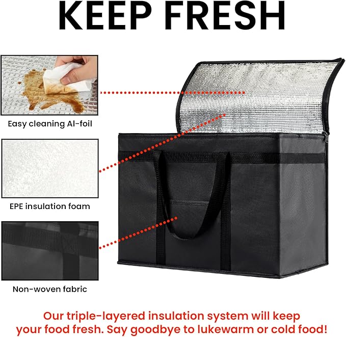 NZ home Insulated Bags for Food Delivery (XL Plus) Grocery Shopping Cooler Bag Pizza Delivery Hot &amp Cold Catering Tote Reusable Foldable &amp Heavy Duty (2 Pack Orange)