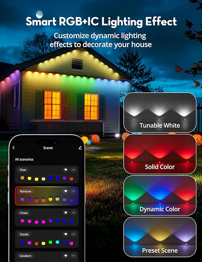 RGB+IC Permanent Outdoor Lights 100Ft Smart Eave Lights String Lights IP67 Waterproof for House Garden Christmas Decor Birthday Gift with Alexa Google Assistant APP/Remote Control
