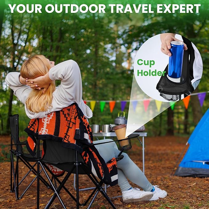2 Pack Portable Camping Chairs Folding Lawn Chair Outdoor Lightweight Beach Chair with Cup Holder &amp Carry Bag for Outside Sports Fishing Hiking Travel Picnic Backyard Black