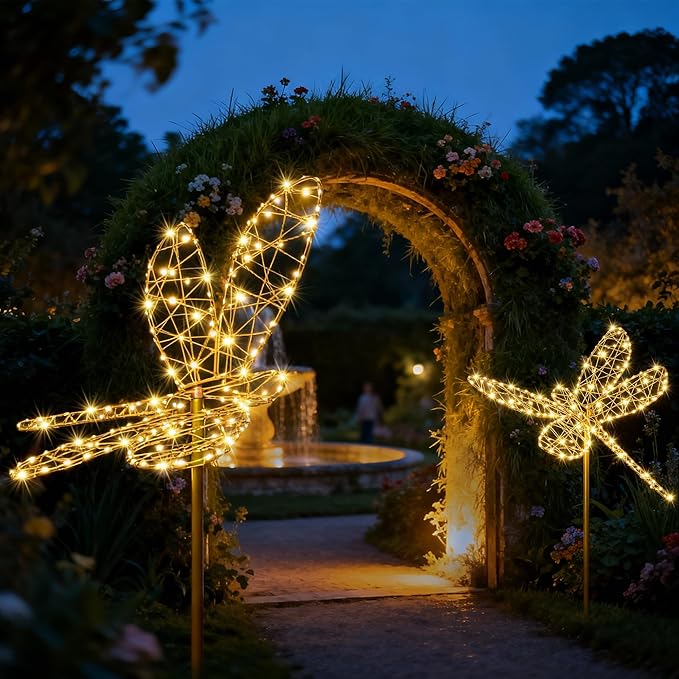 Flacchi Solar Lights Outdoor - Solar Garden Lights Dragonfly Decor with 240LED Solar Powered Iron Waterproof Easy to Install for Pathway Garden Decorations Patio Decor Yard Decoration