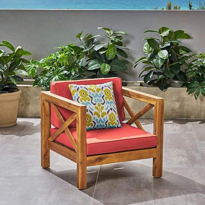 Mid-Century Modern Outdoor Club Chair with Acacia Wood Frame and Water-Resistant Cushions for Patio Garden Backyard Seating (Red)