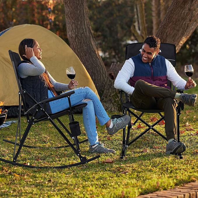 Folding Rocking Camping Chair Portable Outdoor Rocker with High Mesh Back Handrail Bars Carry Bag Cup Holder Bottle Opener Supports 400 lbs Black&ampGreen