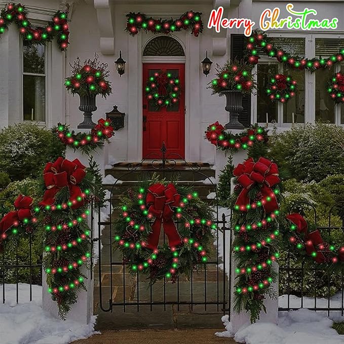 YEGUO Christmas Lights Battery Operated 2 Pack Each 33ft 100 LED Red and Green String Lights Outdoor Waterproof 8 Modes Green Wire Fairy Light Indoor with Remote