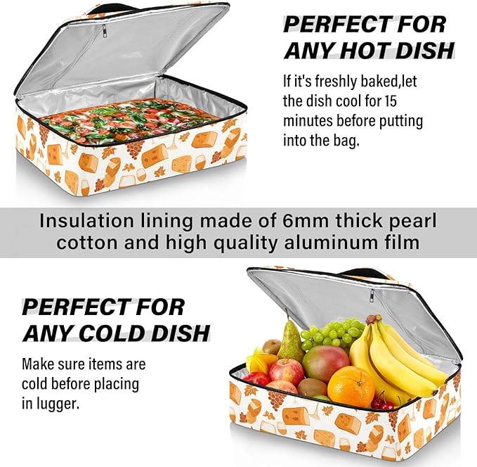 Casserole Carrier Wine and Cheese PrintInsulated Casserole Carrier for Hot or Cold Food Thermal Lunch Tote for Potluck Parties Picnic Beach Fits 9 x 13 Inches Baking Dish