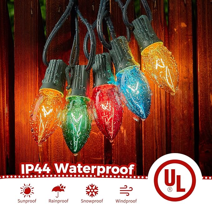 Minetom C9 Multicolor Christmas String Lights 25FT 25 Blubs Bright &amp Warm Outdoor Christmas Lights Long Life C9 String Lights for Tree Patio Gazebo Wreath Multicolor Green Wire
