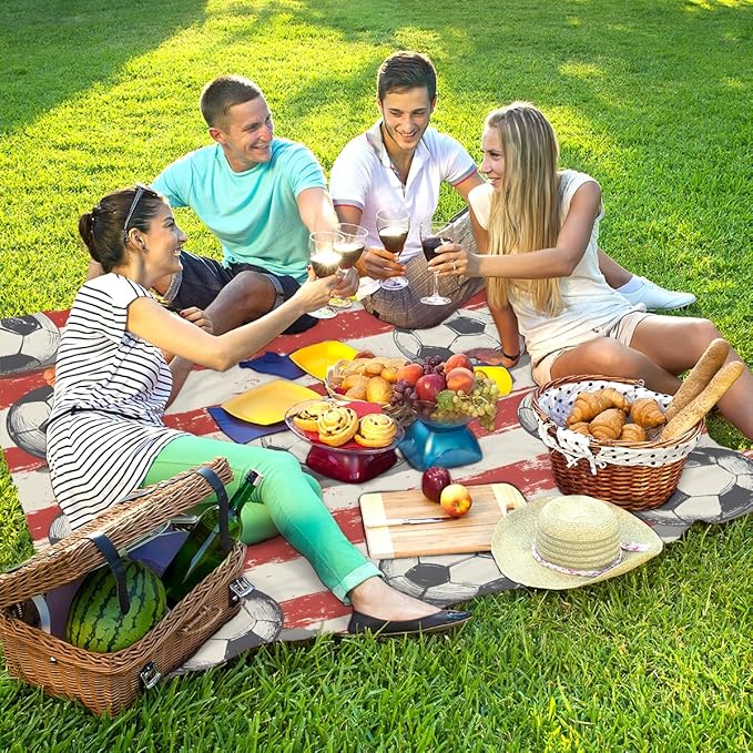 Waterproof Sandproof Beach Blanket 59''×68'' Sports Stripe Polyester Outdoor Picnic Blanket with 4 Stakes &amp Storage Bag for BeachCampingVacation Football