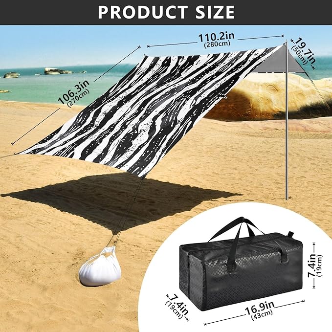 Zebra Stripes Black Beach Tent Sun Shelter 9.2' x 10.5' Beach Canopy with 4 Sandbags 4 Stability Poles Sand Shovels - Tent Canopy for Beach Camping Fishing Picnics