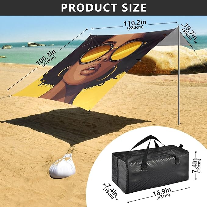 ALAZA African American Woman Sunglasses Beach Tent Sun Shelter UPF50+ Protection Beach Shade Canopy w/ 4 Sandbags for Outdoor Camping Fishing Backyard Fun Picnic 10x9 ft