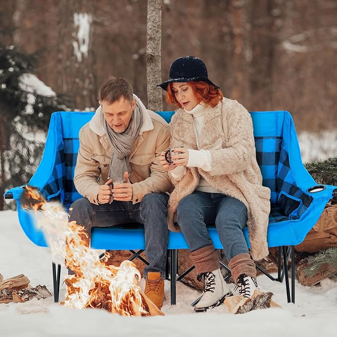 DoCred Heated Double Camping Chair Folding 2 Person Camping Chairs Loveseat Outdoor SportsHeated Oversized Lawn Chairs for AdultsHeating Camp Chair with 3 Heat Levels Battery NOT Included