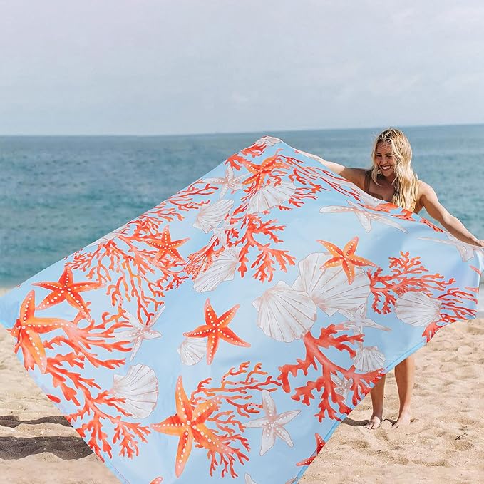 Beach Blanket Waterproof Sandproof 9 Ft X 10 Ft Extra Large Sand Free Beach Mat Big Compact Lightweight Quick Drying Picnic Blanket with 4 Stakes &amp Pockets for Camping Travel Hiking