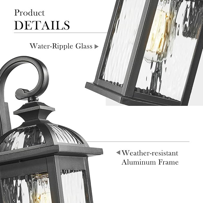 Darkaway Outdoor Lights Fixture Wall Mount Exterior Wall Light with Water Ripple Glass Waterproof Black Outside Wall Sconce for House Porch Hallway Garage
