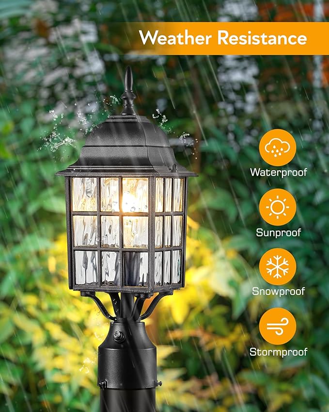 VIANIS Lamp Post Light Fixture with Mount Base Modern Black Exterior Post Lantern Fixture with Tempered Glass Anti-Rust Aluminum Light Posts for Outside for Driveway Backyard Patio Garden E26