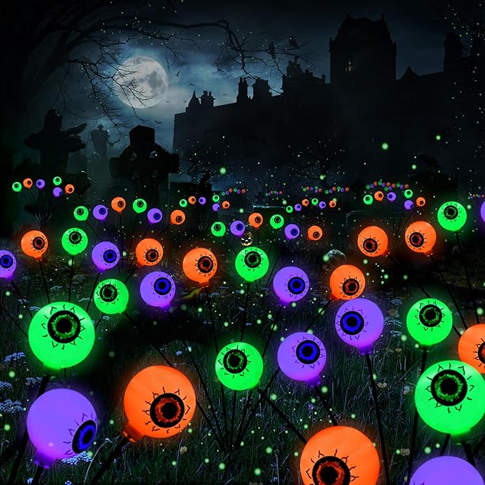 BrizLabs 6 Pack 36 LED Halloween Solar Eyeball Lights 2 Modes Outdoor Halloween Pathway Lights Solar Spooky Path Light Waterproof Swaying Firefly Light for Yard Garden Lawn Orange &amp Purple &am