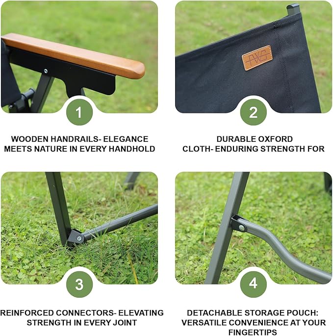 Folding Camping Chair Lightweight Portable Chair Wood Armrest with Side Pockets Cup Holder for Camping Picnic Concert Beach Fishing Outdoor