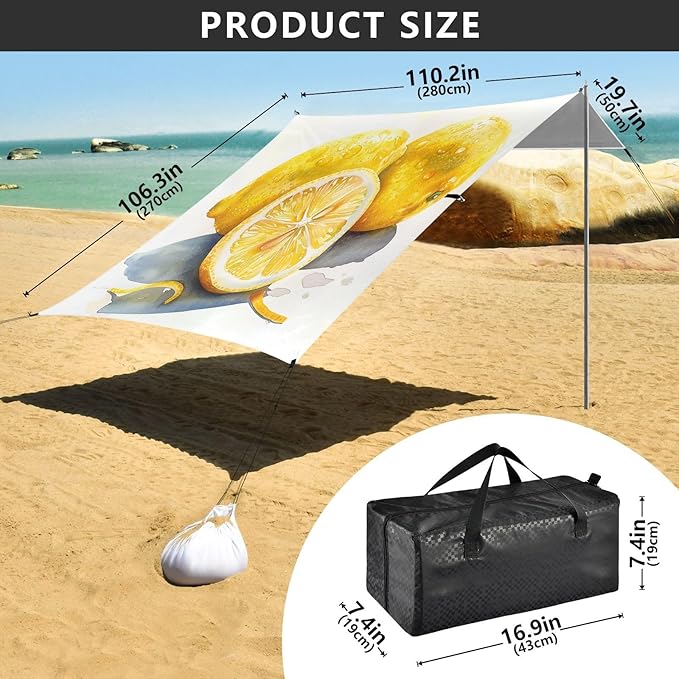 ALAZA Lemon Watercolour Beach Tent Sun Shelter UPF50+ Protection Beach Shade Canopy w/ 4 Sandbags for Outdoor Camping Fishing Backyard Fun Picnic 10x9 ft