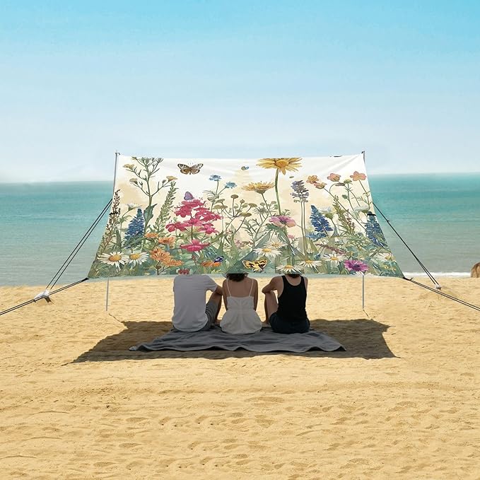 Wildflowers Field Beach Tent Sun Shelter 9.2' x 10.5' Beach Canopy with 4 Sandbags 4 Stability Poles Sand Shovels - Tent Canopy for Beach Camping Fishing Picnics