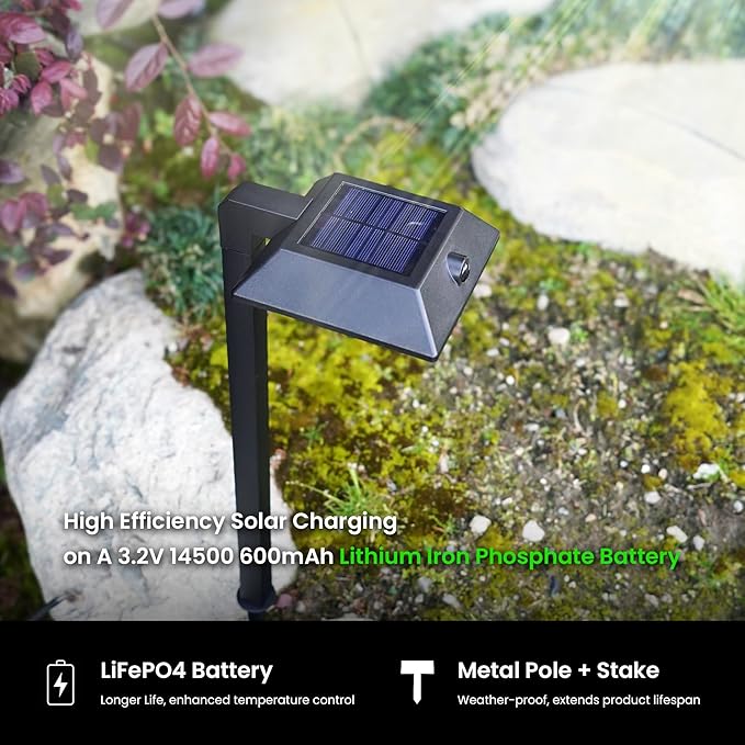 Mesh Linkable Series 4-Pack Solar LED Security Pathway Light w/ LiFePO4 Battery 300LM Auto-linking 110°x16 ft Motion Detection CCT 3000K/4000K/5000K 4-Channel Settings Stainless Steel Black