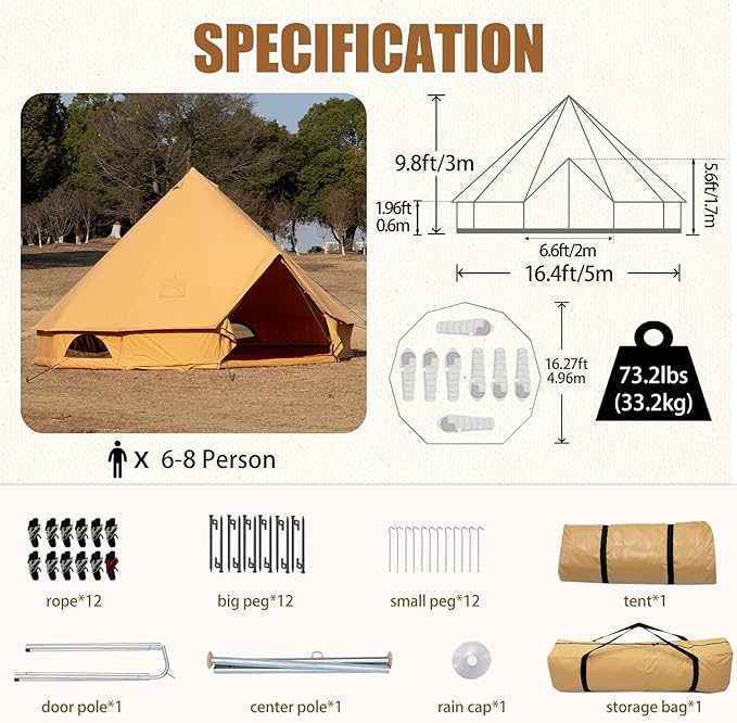 Cotton Canvas Bell Tent with Stove Jack Roomy Yurt for Family Glamping Camping 4 Season Tent with Zipped Removable Floor