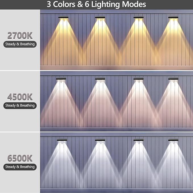 BrizLabs Solar Fence Lights Outdoor 3 Color (2700K/4500K/6500K) &amp 6 Modes Solar Wall Light 8 Pack 250lm LED Patio Deck Lighting IP65 Waterproof Fence Lighting for Outside Backyard Patio Railing