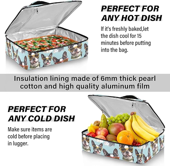Casserole Carrier Dog Wearing GlassesInsulated Casserole Carrier for Hot or Cold Food Thermal Lunch Tote for Potluck Parties Picnic Beach Fits 9 x 13 Inches Baking Dish