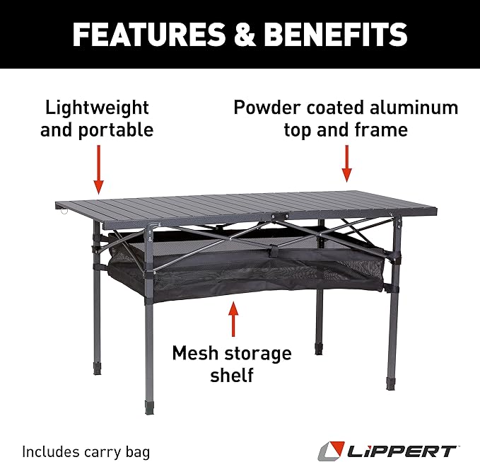 Lippert Camping Dining Table Slatted Aluminum Tabletop Foldable Design Heavy-Duty Steel Legs Powder-Coated Protection Mesh Storage Shelf 80-lb. Capacity Carrying Bag - 2022122524