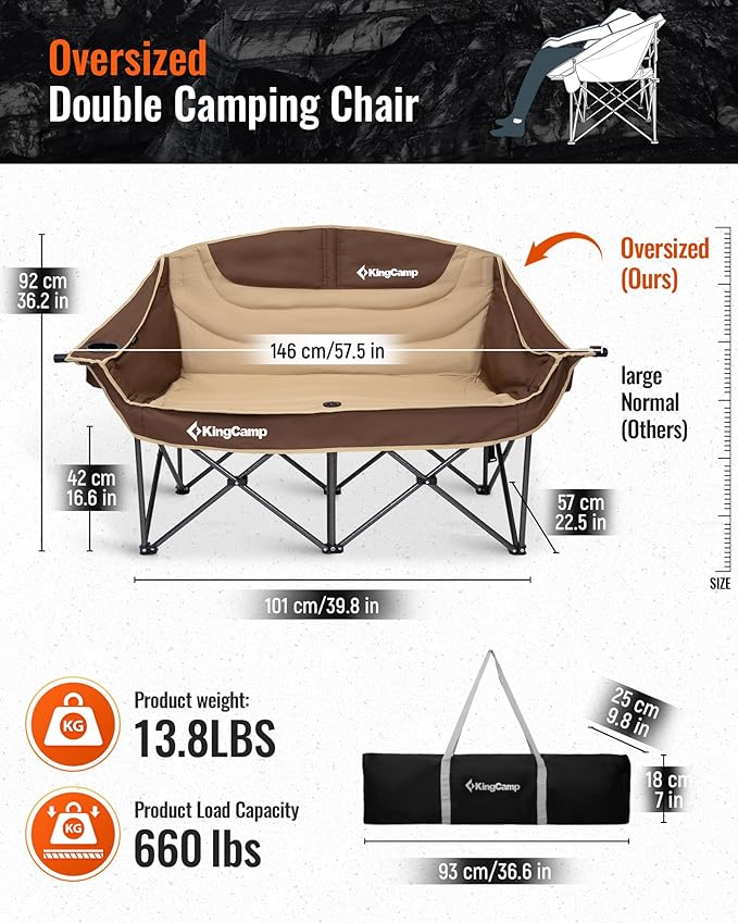 KingCamp Double Camping Chair Oversized 660lbs Heavy Duty Loveseat for Adults Portable Folding XL 2 Person Couch Padded Comfortable Two Seat with Cup Holder for Outdoor Lawn Backyard Khaki/Coffee