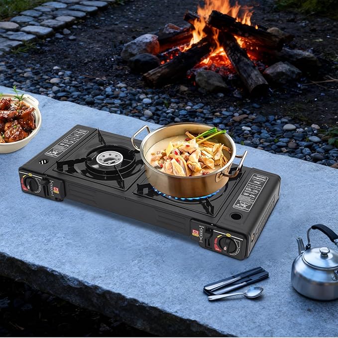 2-Burner Portable Camping Stove Butane Camping Stove Outdoor Travel Camp Stove for Camping BBQ Home (without Grill Tray)