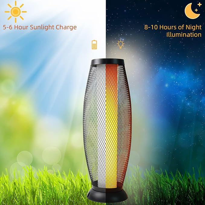 Solar Yard Solar Outdoor Floor Lamp Metal Wire Shade LED Modern Outdoor Flickering Lantern Weather Resistant for Balcony Porch Garden Pathway Black