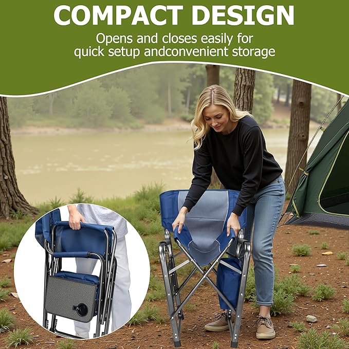 Folding Camping Chair Heavy Duty Chairs for Adult Directors Chair Folding Beach Chair Oversized Portable Camping Chair with Side Table and Cooler 400lbs Capacity for Beach Fishing Trip Picnic