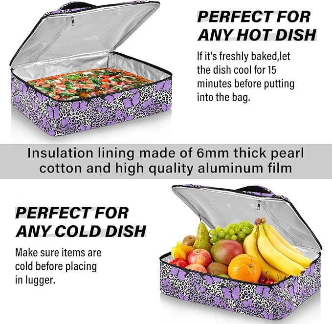 Casserole Carrier Leopard Print Pattern Purple ButterfliesInsulated Casserole Carrier for Hot or Cold Food Thermal Lunch Tote for Potluck Parties Picnic Fits 9 x 13 Inches Baking Dish