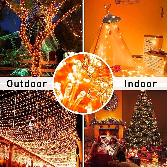 JMEXSUSS 33ft 100 LED Orange Christmas Lights Battery Operated Christmas Lights Orange String Lights with Remote Indoor Outdoor Waterproof for Fall Xmas Decorations (Pack of 2)