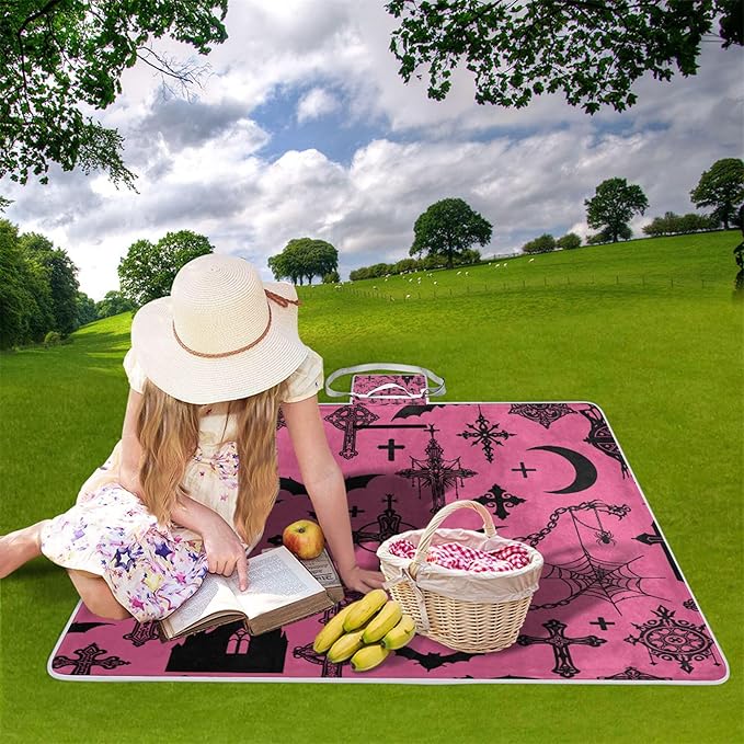 MNSRUU Picnic Blanket Waterproof Foldable Gothic Bat Moon Castle Large Outdoor Picnic Beach Camping Blanket Travel Mat Shoulder Strap Tote Rectangle 57x59in