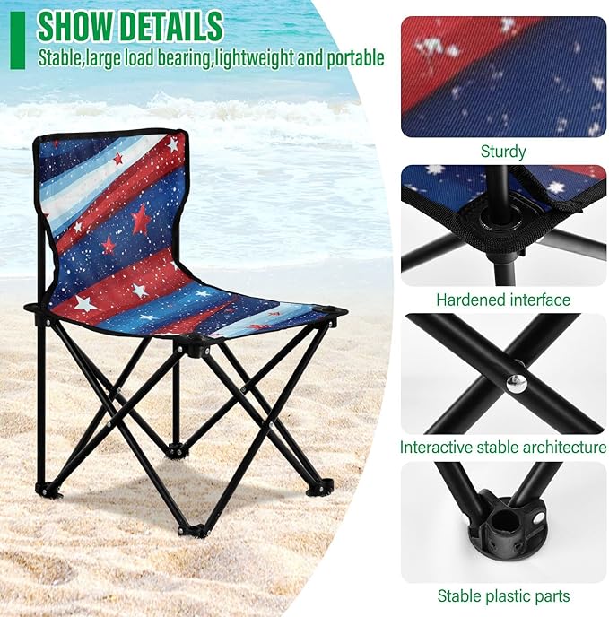 KLL Independence July 4th Red Blue Stars Compact Camping Chairs Ultra-Lightweight Beach Chair Carry Bag Included Hiking Chair for Sports Camp