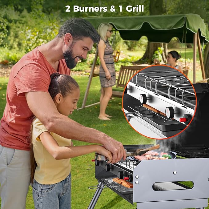 CAMPLUX 2 Burners &amp 1 Grill Propane Camping Stove 15000 BTU Portable Outdoor Propane Camping Grill Burner with Free Standing Legs Auto-Ignition Gas Stove with Regulator Black