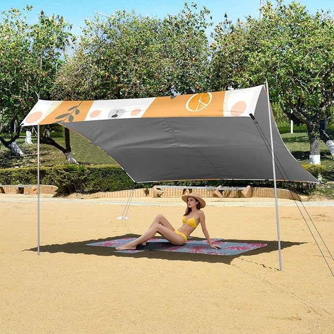 Cartoon White Bear and Orange Camping Sun Shelter Beach Tent Portable Beach Sun Shade Outdoor Canopy for Camping Trips Fishing Picnic