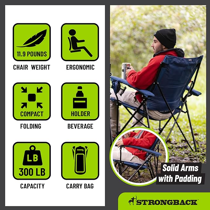 STRONGBACK Elite Folding Camping Lawn Lounge Chair Heavy Duty Camp Outdoor Seat with Lumbar Support and Portable Carry Bag - Camo