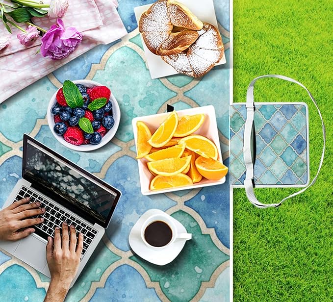 MNSRUU Picnic Blanket Waterproof Foldable Green and Blue Moroccan Large Outdoor Picnic Beach Camping Blanket Travel Mat Shoulder Strap Tote Rectangle 57x59in
