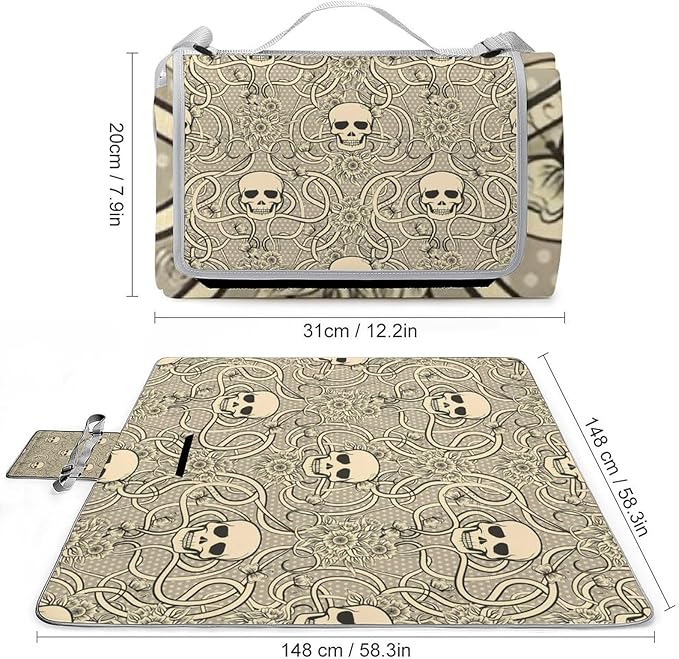 Vintage Halloween Black Victorian Gothic Skull Damask Waterproof Outdoor Picnic Blanket Sandproof Beach Mat for Camping Hiking Grass Travelling