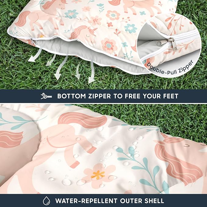 Wake In Cloud - Kids Sleeping Bag for Girls Toddlers Camping in Warm Cold Weather Backpacking Lightweight Compact Outdoor Liner for 3 Seasons Unicorn Garden Flowers