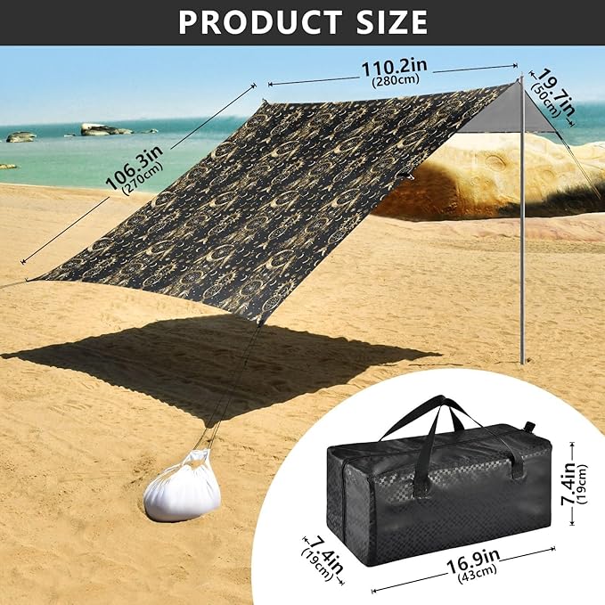 ALAZA Gold Dreamcatcher Moon Beach Tent Sun Shelter UPF50+ Protection Beach Shade Canopy w/ 4 Sandbags for Outdoor Camping Fishing Backyard Fun Picnic 10x9 ft