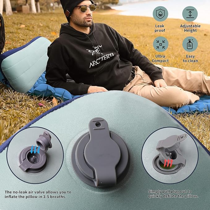 Inflatable Travel Pillow Portable Air Pillow Beach Camping Pool Pillow - Fast Inflation/Deflation Compact Neck Support (Aqua Green)