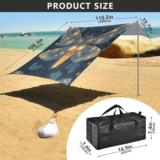 Firefly Beach Tent Sun Shelter 9.2' x 10.5' Beach Canopy with 4 Sandbags 4 Stability Poles Sand Shovels - Tent Canopy for Beach Camping Fishing Picnics