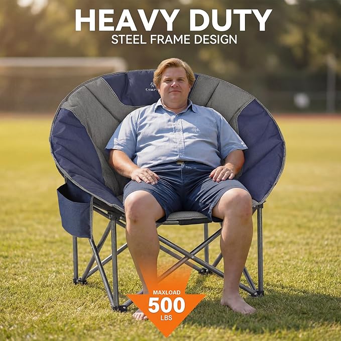 Oversized Camping Moon ChairsFolding Round Padded Sofa Chair for AdultsOutdoor Lawn Chairs w/Side PocketPerfect for IndoorFamily CampingPicnics and GardenBlue&ampGrey