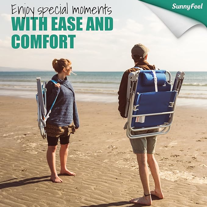 SUNNYFEEL Extra Wide 28 Low Beach Chair 5 Position Lay Flat XL Oversized Portable Folding Camping Chairs with Cup Holder for Outdoor/Trip Lightweight Foldable Backpack Beach Chair for Adults