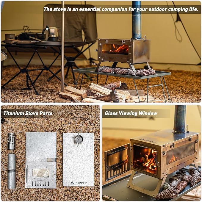 POMOLY Chalet 70 Pro Camping Hot Tent and Ti Mini 0.6 Portable Titanium Wood Stove
