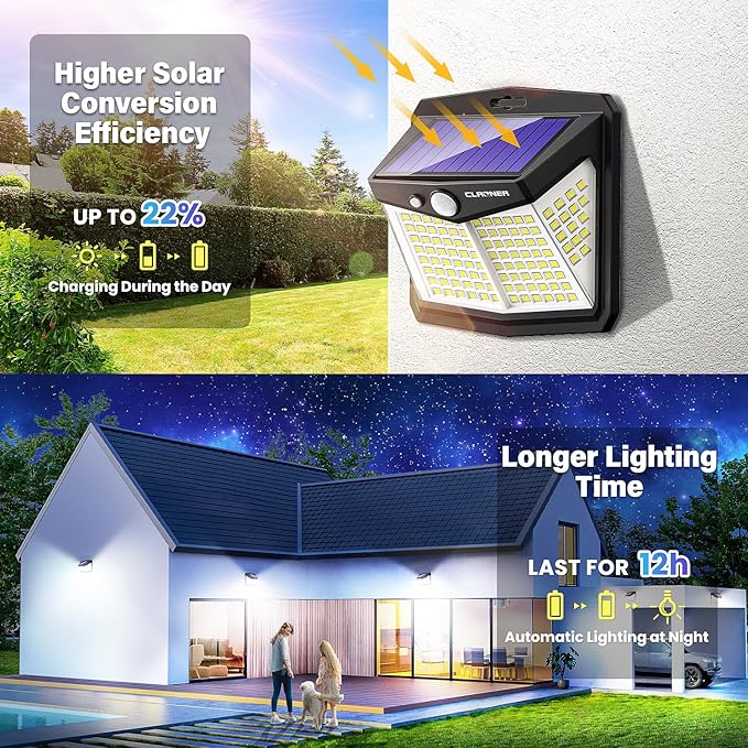 CLAONER Solar Lights Outdoor [128 LED/8 Packs] Solar Motion Lights 3 Working Modes Wall Lights with 270°Wide Angle Wireless IP65 Waterproof Motion Sensor Outdoor Deck Light Cold White