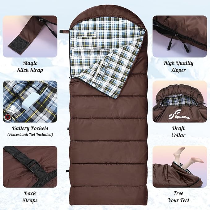 Sportneer Heated Sleeping Bag with 5 Heating Zones Warm Flannel Cold Weather Sleeping Bag for Adults 3 Heat Levels USB Powered (Power Bank Not Included) Winter Camping &amp Outdoor Hiking
