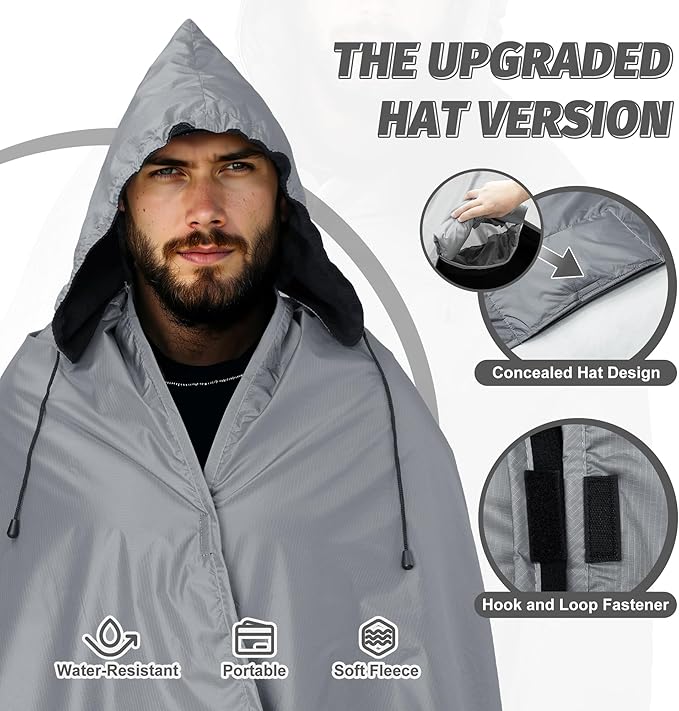 Fleece Waterproof Outdoor Blanket - Windproof Stadium Blanket for Camping Picnics and Sports Stay Dry and Comfortable 80x 58(Hoodeed Gray)